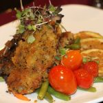 Parmesan crusted filet mignon slices, bok choy, and cherry tomatoes